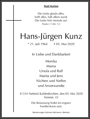 Traueranzeige von Hans-Jürgen Kunz von trauer.extra-tipp-moenchengladbach.de