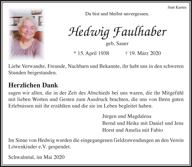  Traueranzeige für Hedwig Faulhaber vom 03.05.2020 aus trauer.extra-tipp-moenchengladbach.de