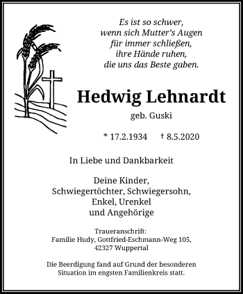 Traueranzeige von Hedwig Lehnardt von trauer.wuppertaler-rundschau.de