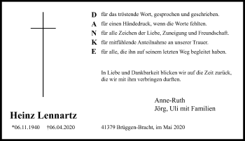 Traueranzeige von Heinz Lennartz von trauer.extra-tipp-moenchengladbach.de