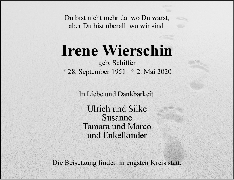 Traueranzeige für Irene Wierschin vom 10.05.2020 aus trauer.extra-tipp-moenchengladbach.de