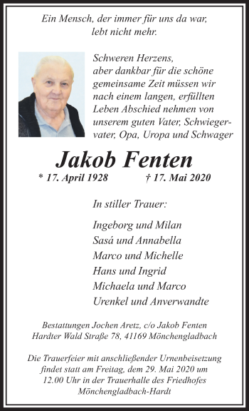 Traueranzeige von Jakob Fenten von trauer.extra-tipp-moenchengladbach.de