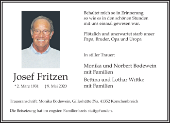 Traueranzeige von Josef Fritzen von trauer.extra-tipp-moenchengladbach.de