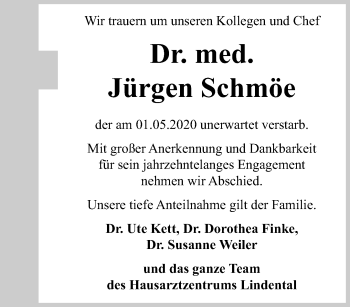 Traueranzeige von Jürgen Schmöe von trauer.mein.krefeld.de