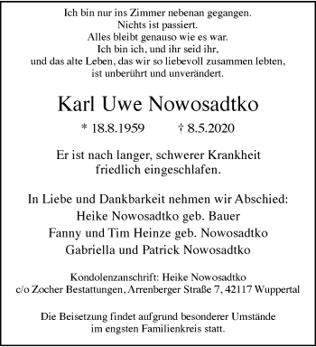 Traueranzeige von Karl Uwe Nowosadtko von trauer.wuppertaler-rundschau.de