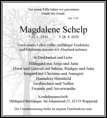 Traueranzeige von Magdalene Schelp von trauer.wuppertaler-rundschau.de