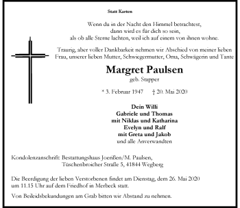 Traueranzeige von Margret Paulsen von trauer.extra-tipp-moenchengladbach.de