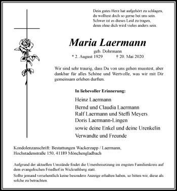 Traueranzeige von Maria Laermann von trauer.extra-tipp-moenchengladbach.de