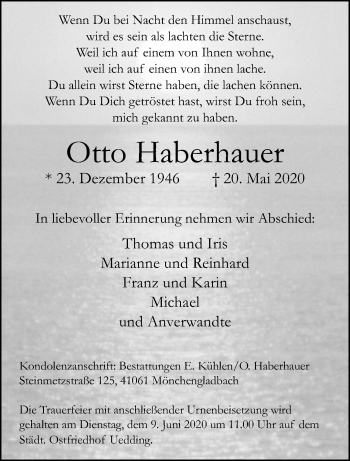 Traueranzeige von Otto Haberhauer von trauer.extra-tipp-moenchengladbach.de