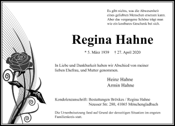 Traueranzeige von Regina Hahne von trauer.extra-tipp-moenchengladbach.de