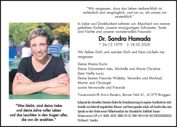 Traueranzeige von Sandra Hamada von trauer.extra-tipp-moenchengladbach.de