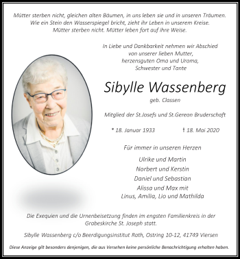 Traueranzeige von Sibylle Wassenberg von trauer.extra-tipp-moenchengladbach.de