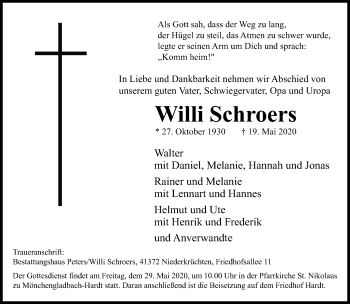 Traueranzeige von Willi Schroers von trauer.extra-tipp-moenchengladbach.de