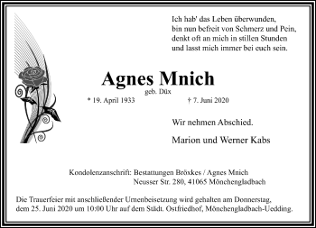 Traueranzeige von Agnes Mnich von trauer.extra-tipp-moenchengladbach.de