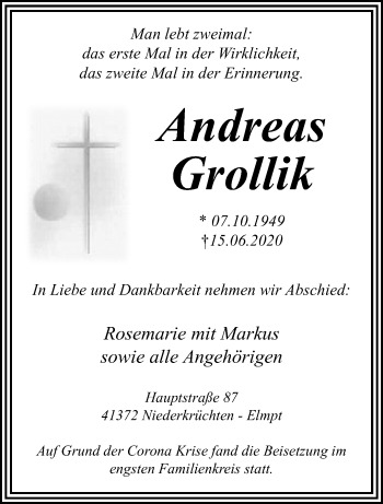 Traueranzeige von Andreas Grollik von trauer.extra-tipp-moenchengladbach.de