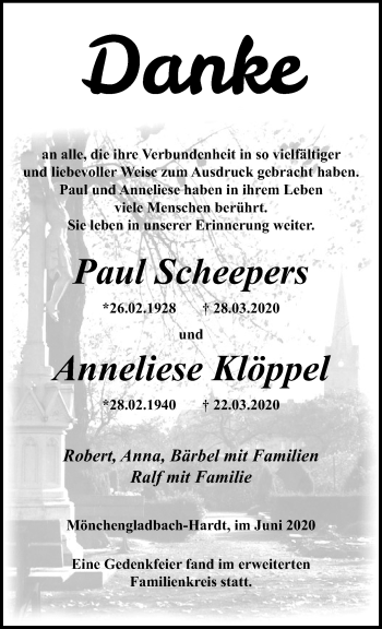 Traueranzeige von Anneliese und Paul  von trauer.extra-tipp-moenchengladbach.de