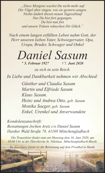 Traueranzeige von Daniel Sasum von trauer.extra-tipp-moenchengladbach.de