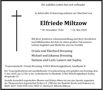 Traueranzeige von Elfriede Miltzow von trauer.extra-tipp-moenchengladbach.de