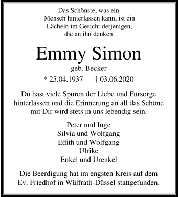 Traueranzeige von Emmy Simon von trauer.wuppertaler-rundschau.de