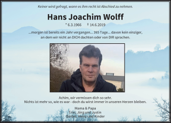 Traueranzeige von Hans Joachim Wolff von trauer.wuppertaler-rundschau.de