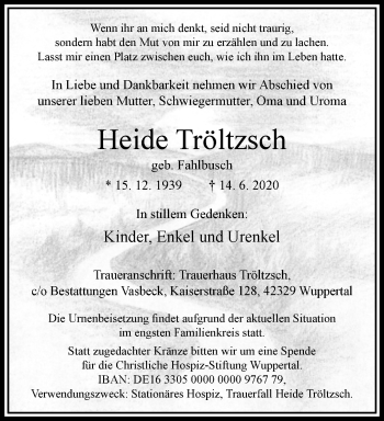 Traueranzeige von Heide Tröltzsch von trauer.wuppertaler-rundschau.de