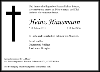 Traueranzeige von Heinz Hausmann von trauer.extra-tipp-moenchengladbach.de