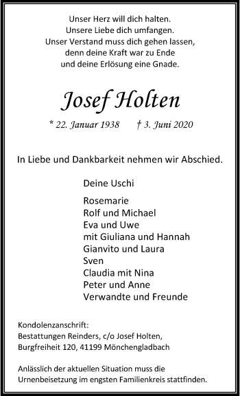 Traueranzeige von Josef Holten von trauer.extra-tipp-moenchengladbach.de