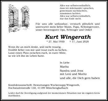 Traueranzeige von Kurt Wingerath von trauer.extra-tipp-moenchengladbach.de