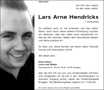 Traueranzeige von Lars Arne Hendricks von trauer.extra-tipp-moenchengladbach.de