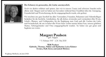 Traueranzeige von Margret Paulsen von trauer.extra-tipp-moenchengladbach.de