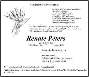 Traueranzeige von Renate Peters von trauer.extra-tipp-moenchengladbach.de