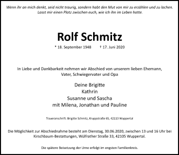 Traueranzeige von Rolf Schmitz von trauer.wuppertaler-rundschau.de