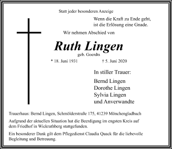 Traueranzeige von Ruth Lingen von trauer.extra-tipp-moenchengladbach.de