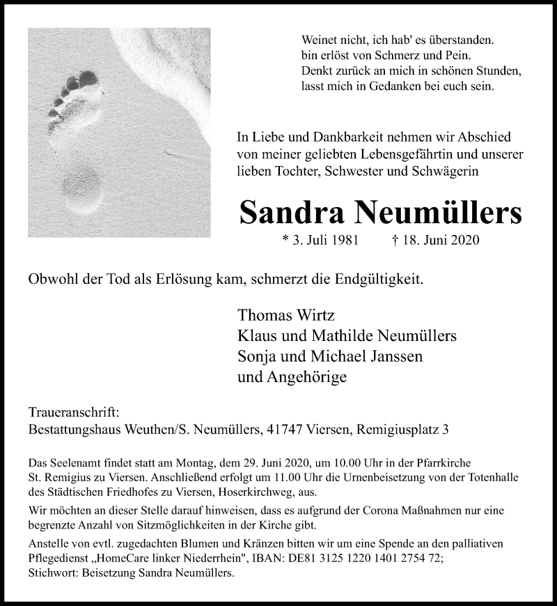  Traueranzeige für Sandra Neumüllers vom 28.06.2020 aus trauer.extra-tipp-moenchengladbach.de