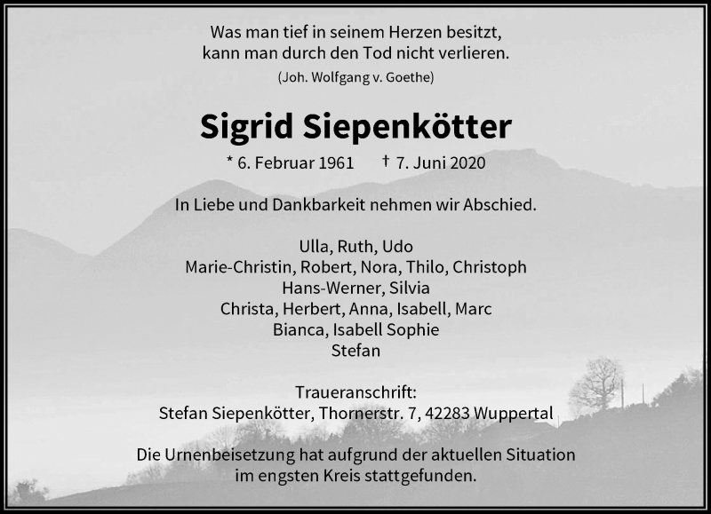  Traueranzeige für Sigrid Siepenkötter vom 20.06.2020 aus trauer.wuppertaler-rundschau.de