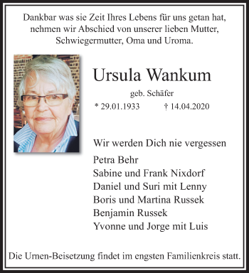 Traueranzeige von Ursula Wankum von trauer.extra-tipp-moenchengladbach.de