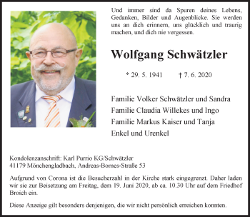 Traueranzeige von Wolfgang Schwätzler von trauer.extra-tipp-moenchengladbach.de