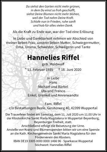 Traueranzeige von Hannelies Riffel von trauer.wuppertaler-rundschau.de