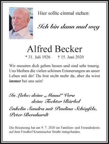 Traueranzeige von Alfred Becker von trauer.wuppertaler-rundschau.de