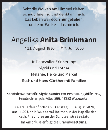 Traueranzeige von Angelika Anita Brinkmann von trauer.wuppertaler-rundschau.de