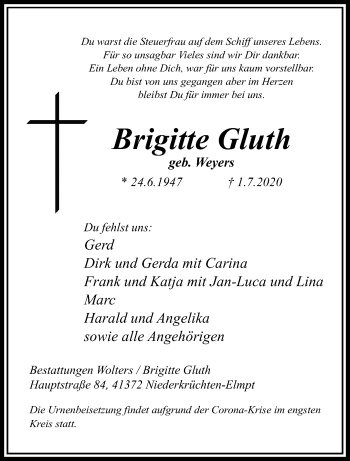 Traueranzeige von Brigitte Gluth von trauer.extra-tipp-moenchengladbach.de