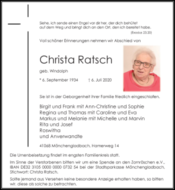 Traueranzeige von Christa Ratsch von trauer.extra-tipp-moenchengladbach.de