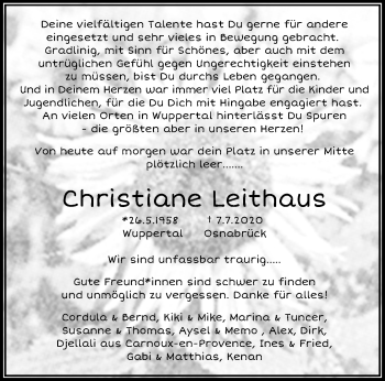 Traueranzeige von Christiane Leithaus von trauer.wuppertaler-rundschau.de