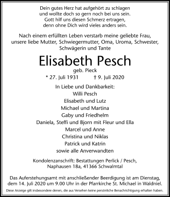 Traueranzeige von Elisabeth Pesch von trauer.extra-tipp-moenchengladbach.de