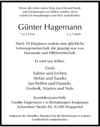 Traueranzeige von Günter Hagemann von trauer.wuppertaler-rundschau.de