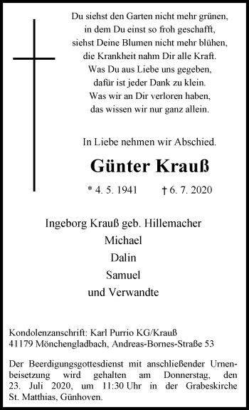 Traueranzeige von Günter Krauß von trauer.extra-tipp-moenchengladbach.de