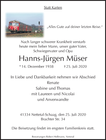 Traueranzeige von Hanns-Jürgen Müser von trauer.extra-tipp-moenchengladbach.de