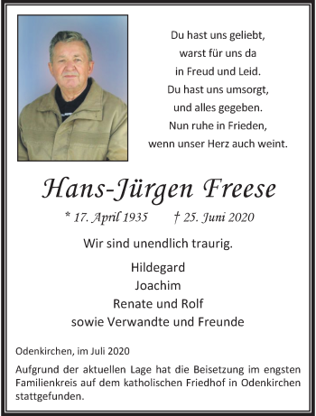 Traueranzeige von Hans-Jürgen Freese von trauer.extra-tipp-moenchengladbach.de