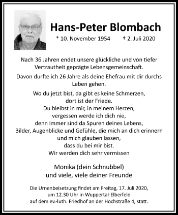 Traueranzeige von Hans-Peter Blombach von trauer.wuppertaler-rundschau.de