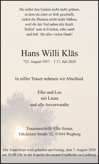 Traueranzeige von Hans Willi Kläs von trauer.extra-tipp-moenchengladbach.de